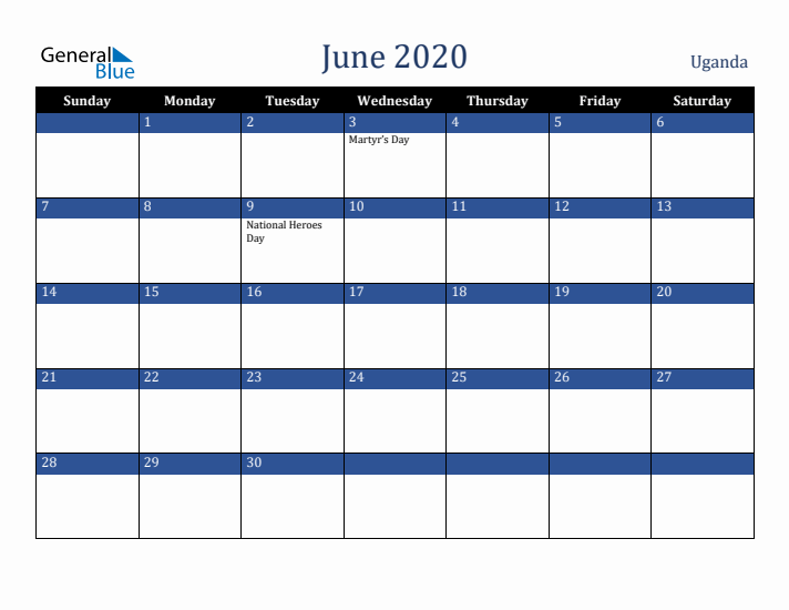 June 2020 Uganda Calendar (Sunday Start)