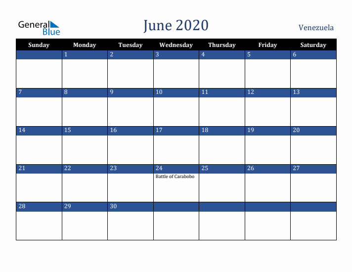 June 2020 Venezuela Calendar (Sunday Start)