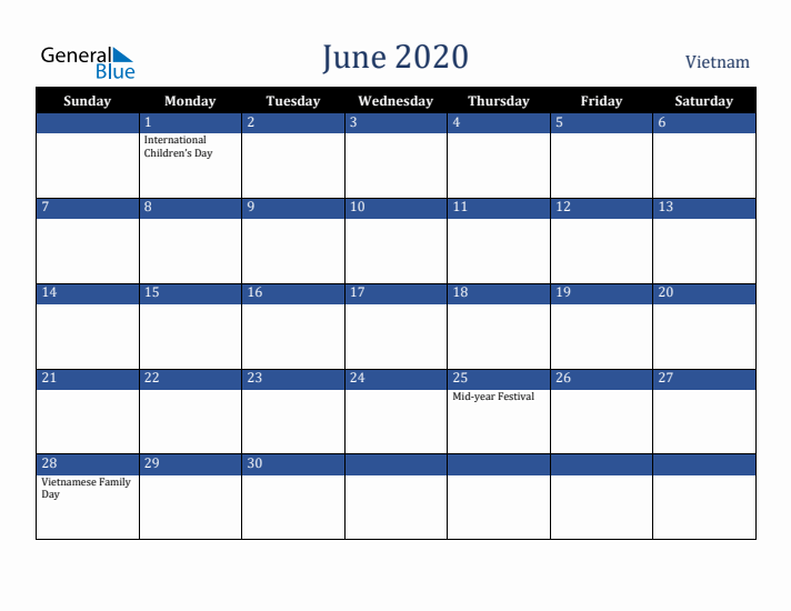 June 2020 Vietnam Calendar (Sunday Start)