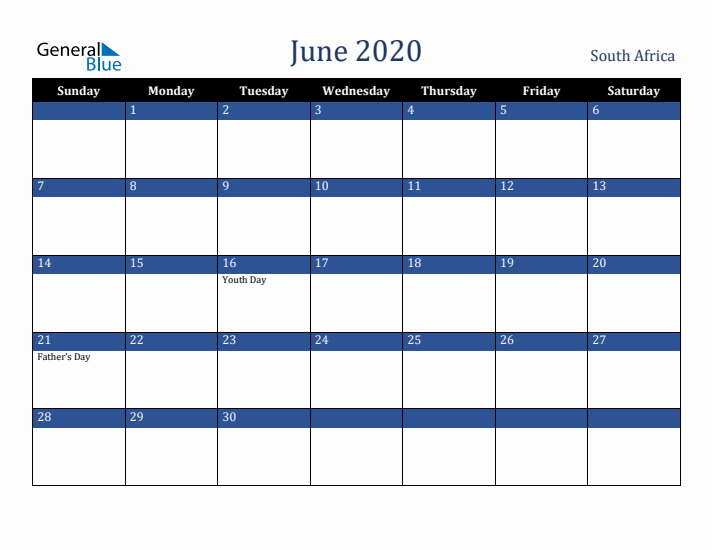 June 2020 South Africa Calendar (Sunday Start)
