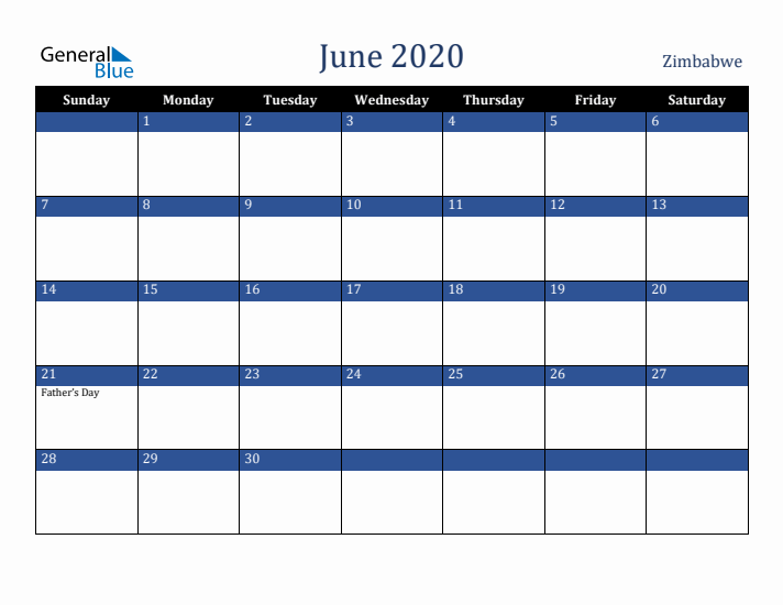 June 2020 Zimbabwe Calendar (Sunday Start)