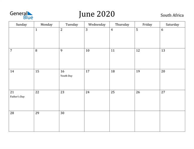 South Africa June 2020 Calendar with Holidays