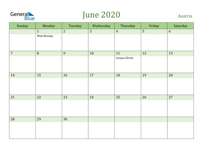 June 2020 Calendar with Austria Holidays