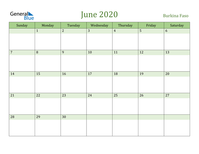 June 2020 Calendar with Burkina Faso Holidays