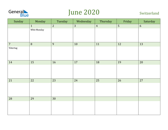 June 2020 Calendar with Switzerland Holidays
