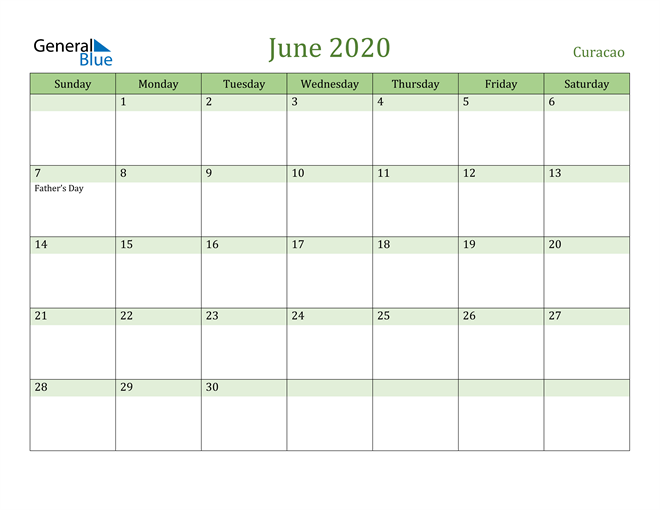June 2020 Calendar with Curacao Holidays