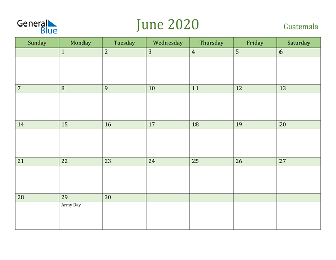 June 2020 Calendar with Guatemala Holidays