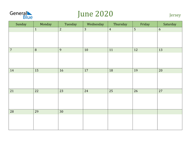 June 2020 Calendar with Jersey Holidays