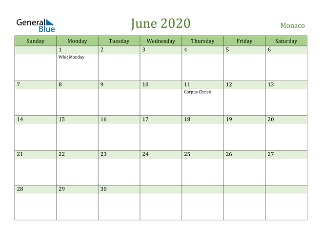 June 2020 Calendar with Monaco Holidays