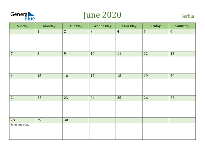 June 2020 Calendar with Serbia Holidays