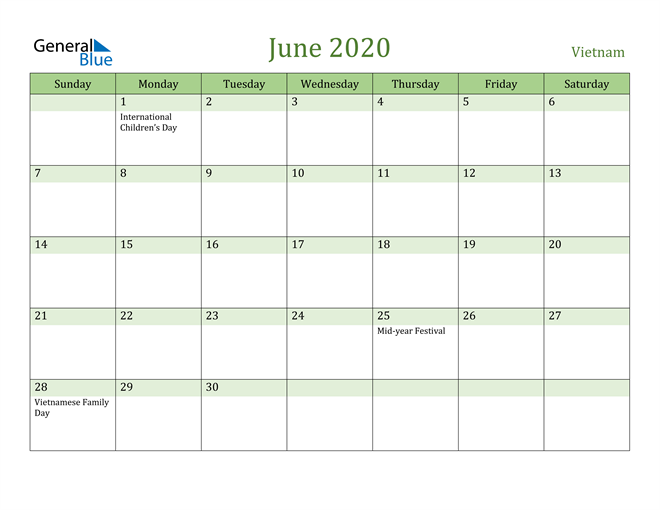 June 2020 Calendar with Vietnam Holidays