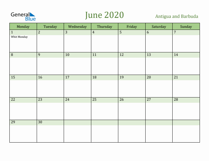 June 2020 Calendar with Antigua and Barbuda Holidays