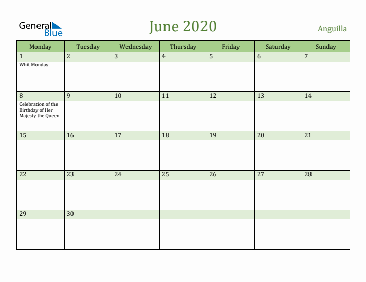 June 2020 Calendar with Anguilla Holidays