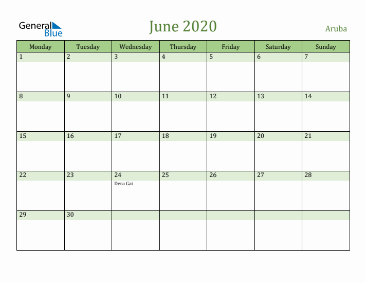 June 2020 Calendar with Aruba Holidays