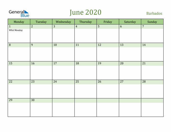 June 2020 Calendar with Barbados Holidays