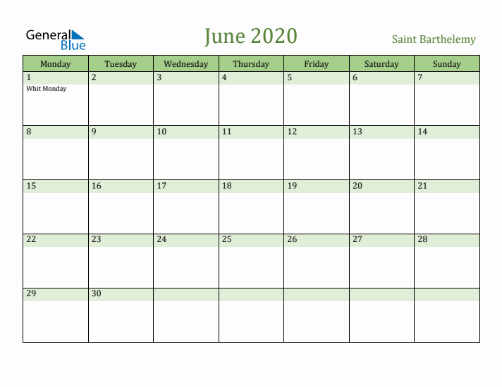 June 2020 Calendar with Saint Barthelemy Holidays