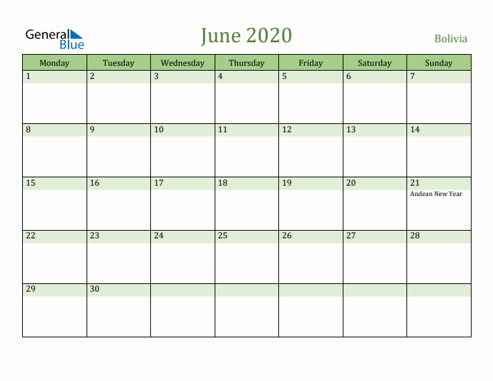 June 2020 Calendar with Bolivia Holidays