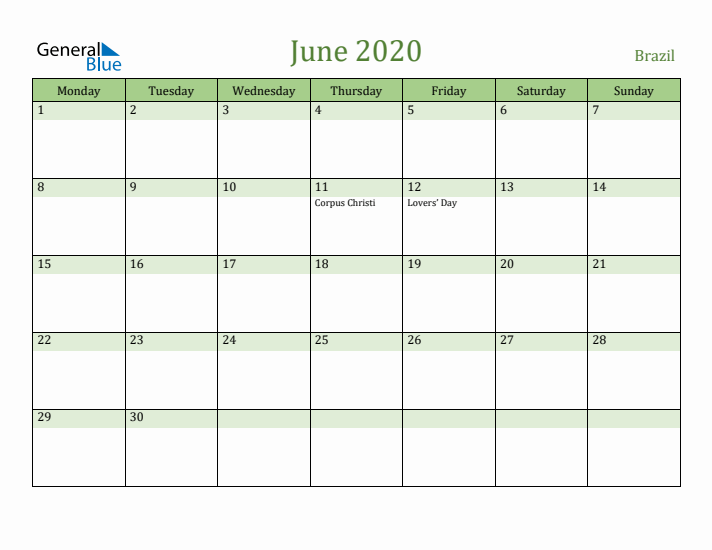 June 2020 Calendar with Brazil Holidays
