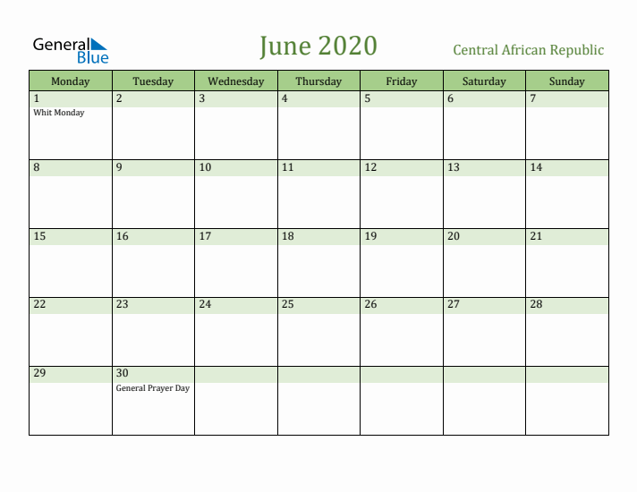June 2020 Calendar with Central African Republic Holidays