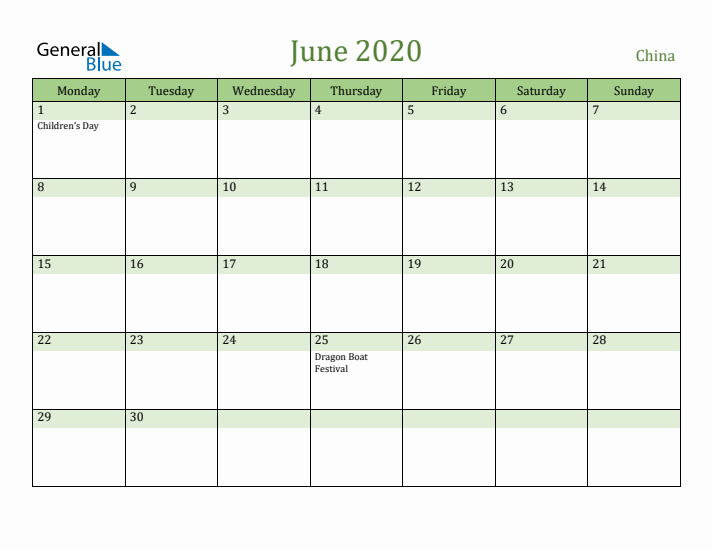 June 2020 Calendar with China Holidays