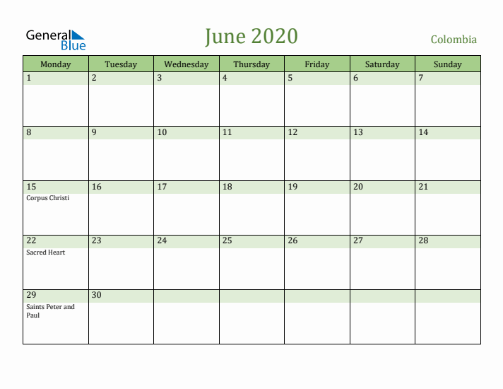 June 2020 Calendar with Colombia Holidays