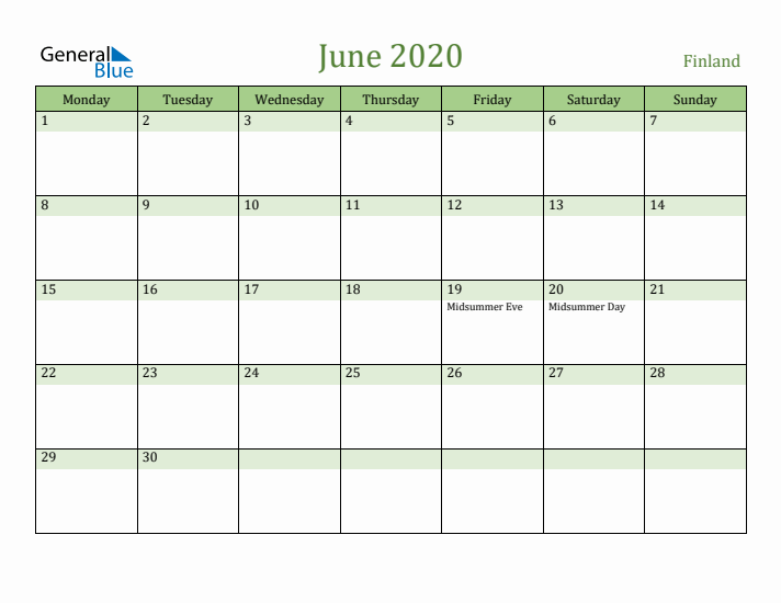 June 2020 Calendar with Finland Holidays