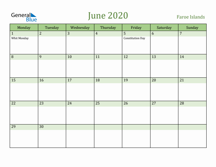 June 2020 Calendar with Faroe Islands Holidays