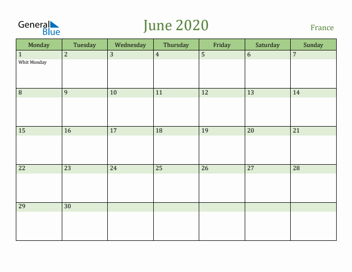 June 2020 Calendar with France Holidays