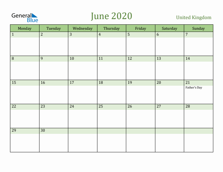 June 2020 Calendar with United Kingdom Holidays