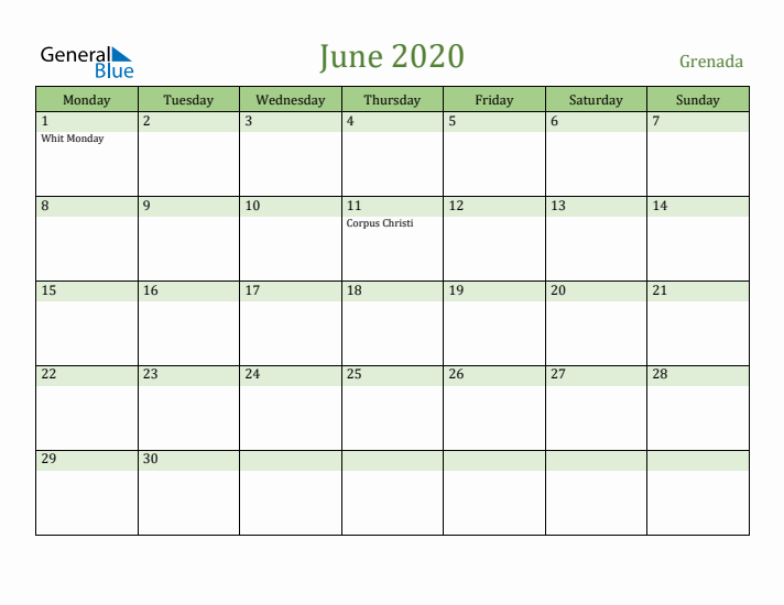 June 2020 Calendar with Grenada Holidays