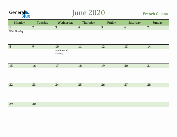 June 2020 Calendar with French Guiana Holidays