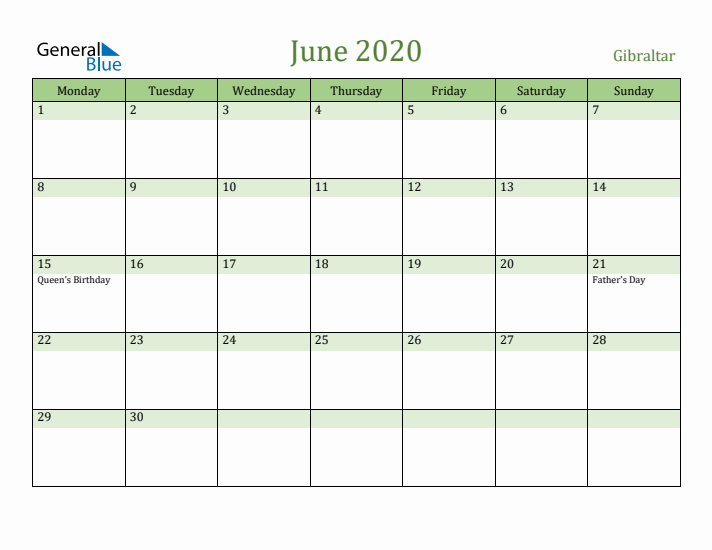 June 2020 Calendar with Gibraltar Holidays