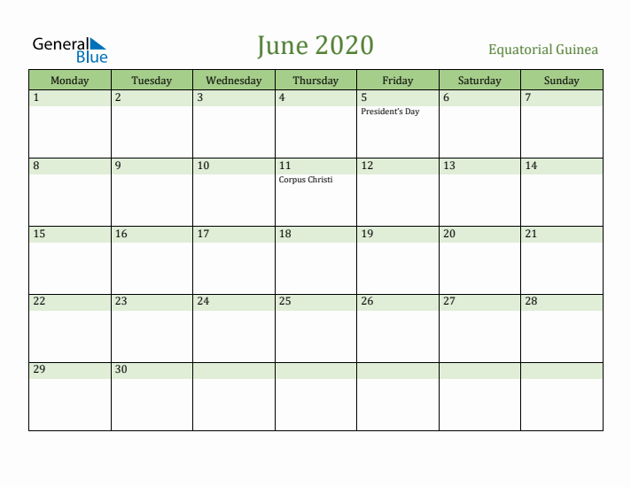 June 2020 Calendar with Equatorial Guinea Holidays