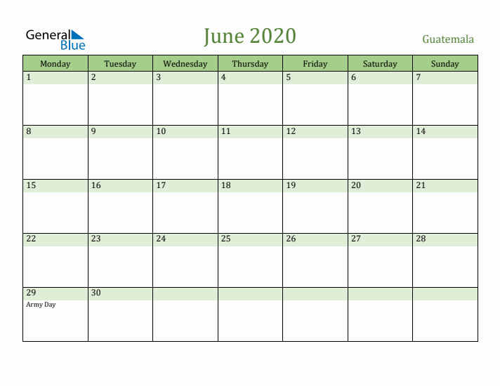 June 2020 Calendar with Guatemala Holidays