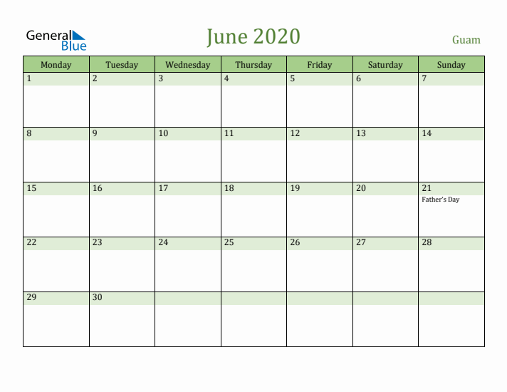 June 2020 Calendar with Guam Holidays