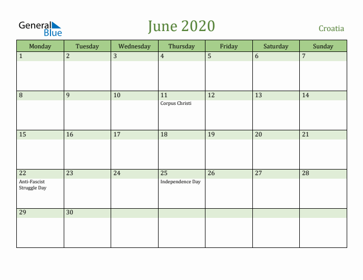 June 2020 Calendar with Croatia Holidays