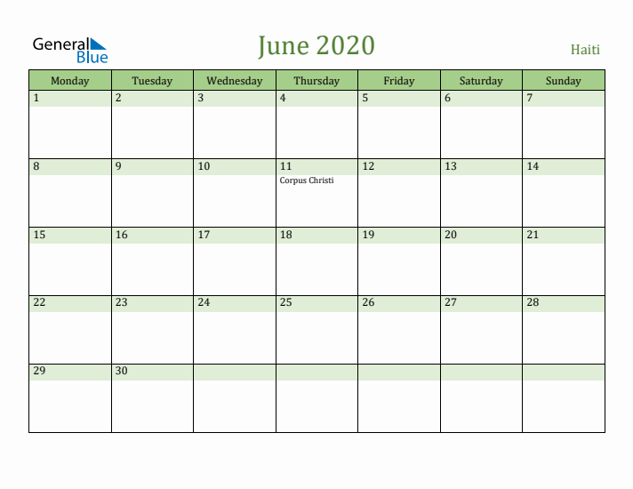 June 2020 Calendar with Haiti Holidays