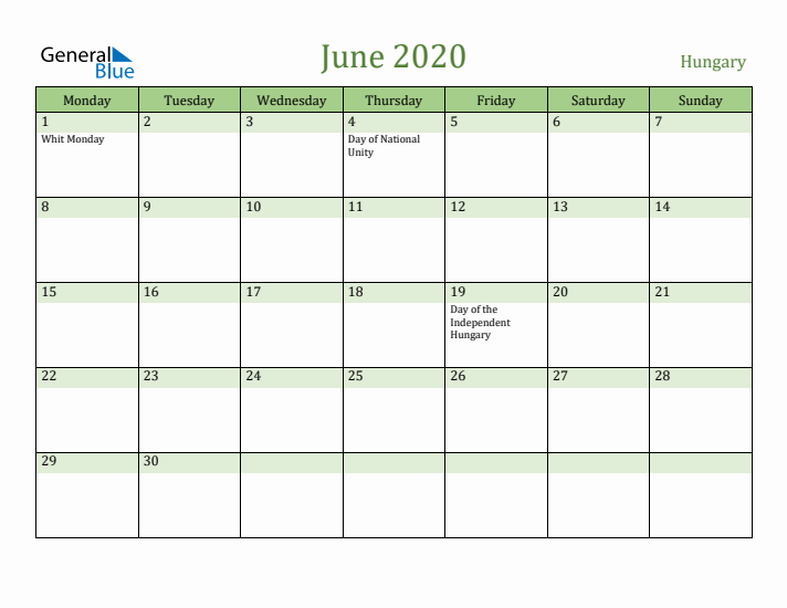June 2020 Calendar with Hungary Holidays