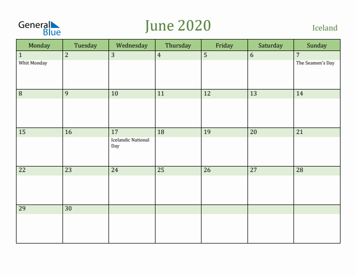 June 2020 Calendar with Iceland Holidays