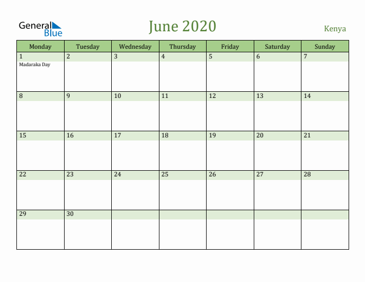 June 2020 Calendar with Kenya Holidays