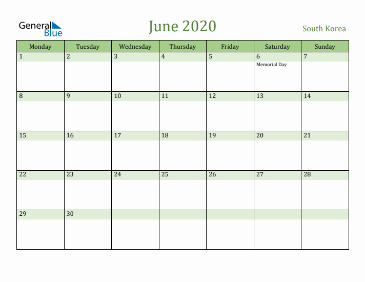 June 2020 Calendar with South Korea Holidays