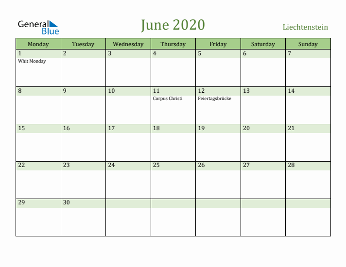 June 2020 Calendar with Liechtenstein Holidays