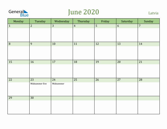 June 2020 Calendar with Latvia Holidays