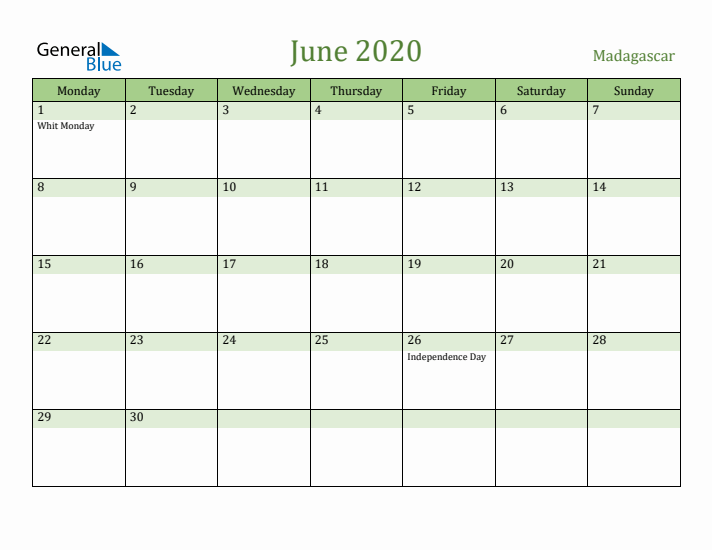 June 2020 Calendar with Madagascar Holidays