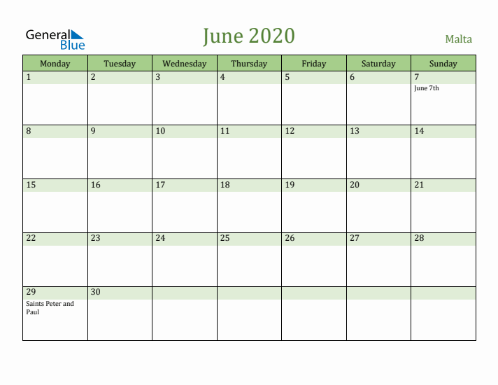 June 2020 Calendar with Malta Holidays