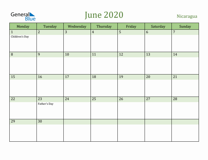 June 2020 Calendar with Nicaragua Holidays