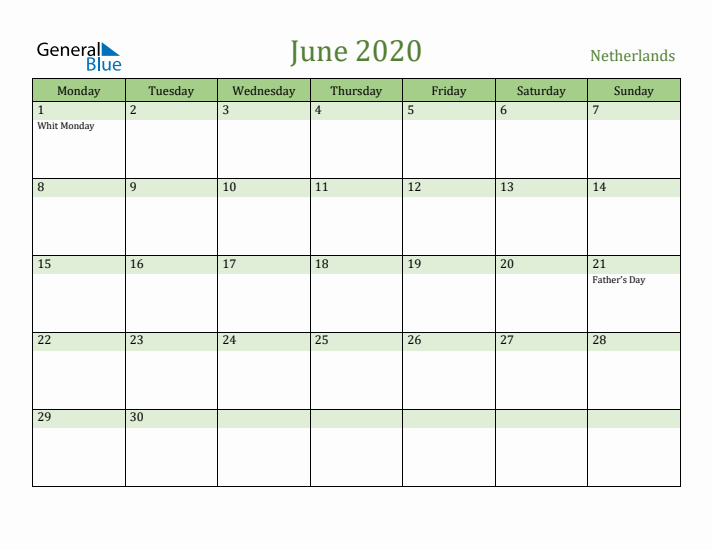 June 2020 Calendar with The Netherlands Holidays