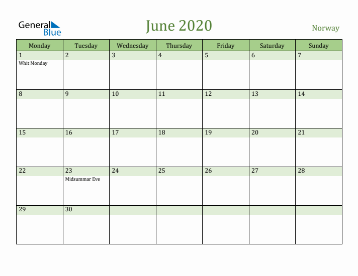 June 2020 Calendar with Norway Holidays