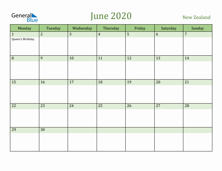 June 2020 Calendar with New Zealand Holidays