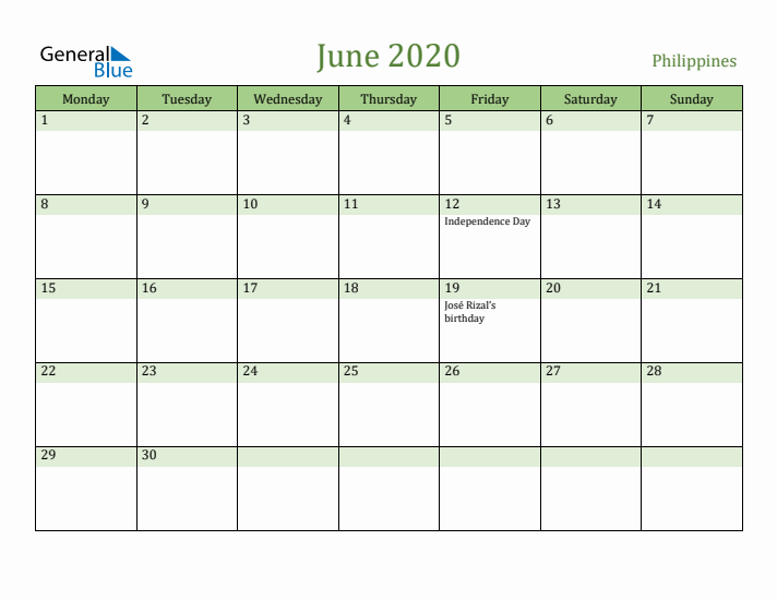 June 2020 Calendar with Philippines Holidays